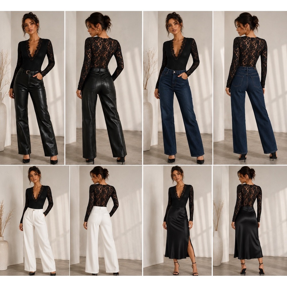Romeo‎ + Juliet Couture Black Lace Long Sleeve V-Neck Eyelash Trim Bodysuit S